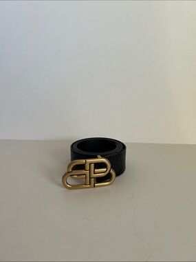 Balenciaga Black Leather Belt with Antique Gold Interlocking BB Buckle